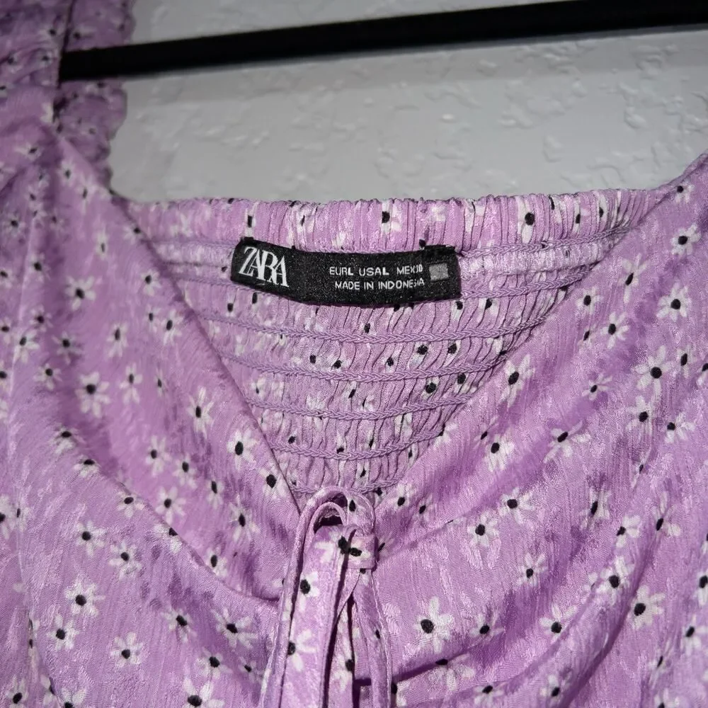 New Zara Purple‎ Daisy Floral Long Sleeve Crop Top Size Large